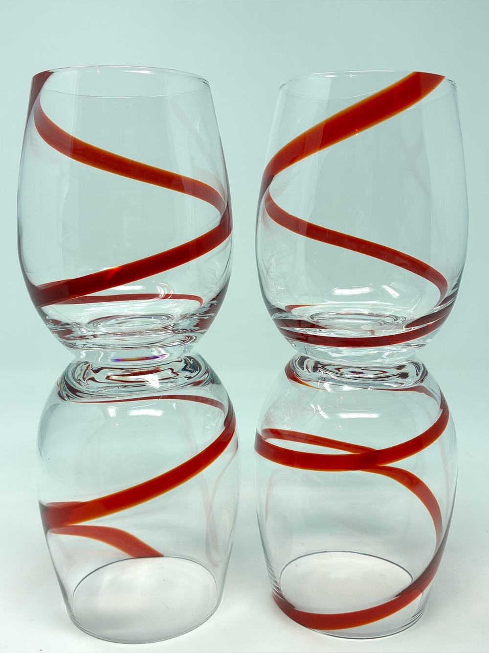 Pier 1 Red Swirline Stemless Wine Glasses Set of 4 Blown Glass Elegant Barware